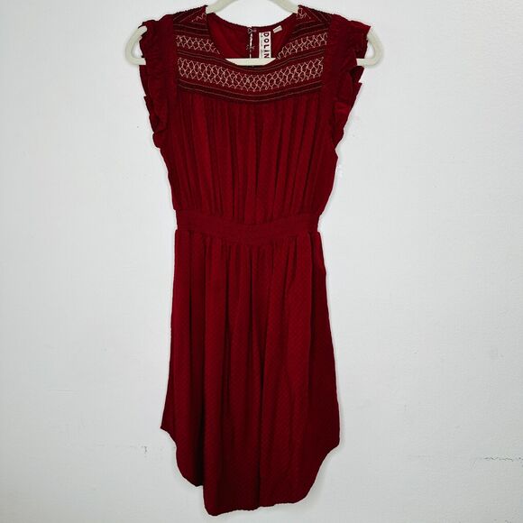 Anthropologie Dolan Red Left Coast Tansy Smocked Midi Ruffle-Shoulder Dress XS - Picture 4 of 16